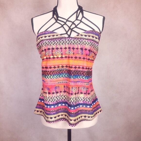 Island Escape Multicolor Geometrical Print Tankini Swim Top Size 12 - Picture 1 of 6